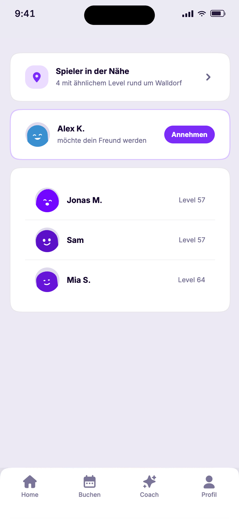 App-Vorschau: Freunde — Spieler in der Nähe mit ähnlichem Level, Freundschaftsanfrage annehmen, deine Crew mit Levels